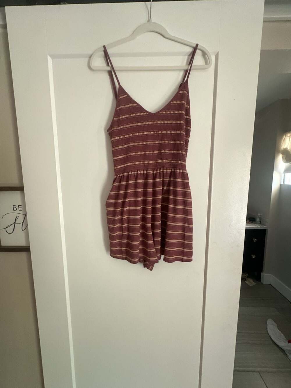 Wild Fable Burgundy and Beige Striped Ribbed Smocked Romper
